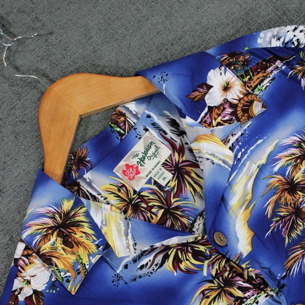 Hilo Hattie Mens XL Hawaiian Original Shirt Blue Tropical Palm Tree Rayon Hawaii